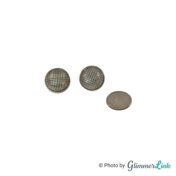 Geometric Silver Tone Round Mesh Windscreen Button Dome Post Earrings - Picture 5 of 8
